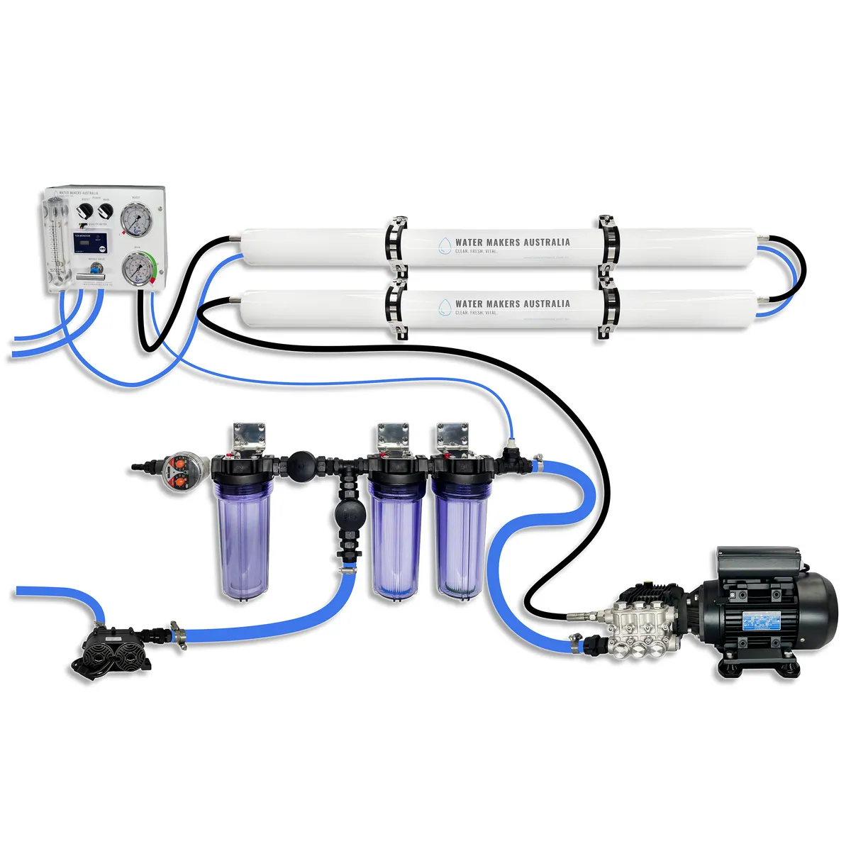 Water Makers Australia twin-membrane watermaker with remote panel, pre-filters, feed pump and high-pressure pump