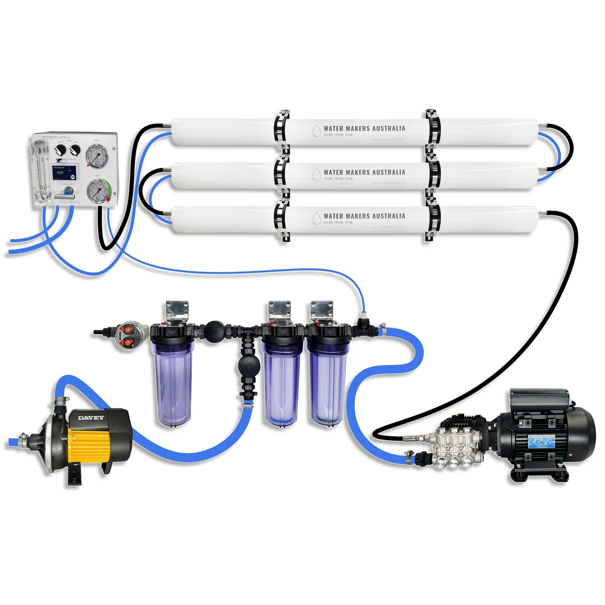 A modular Water Makers Australia triple-membrane marine watermaker with control panel, filters, pumps and membrane housings